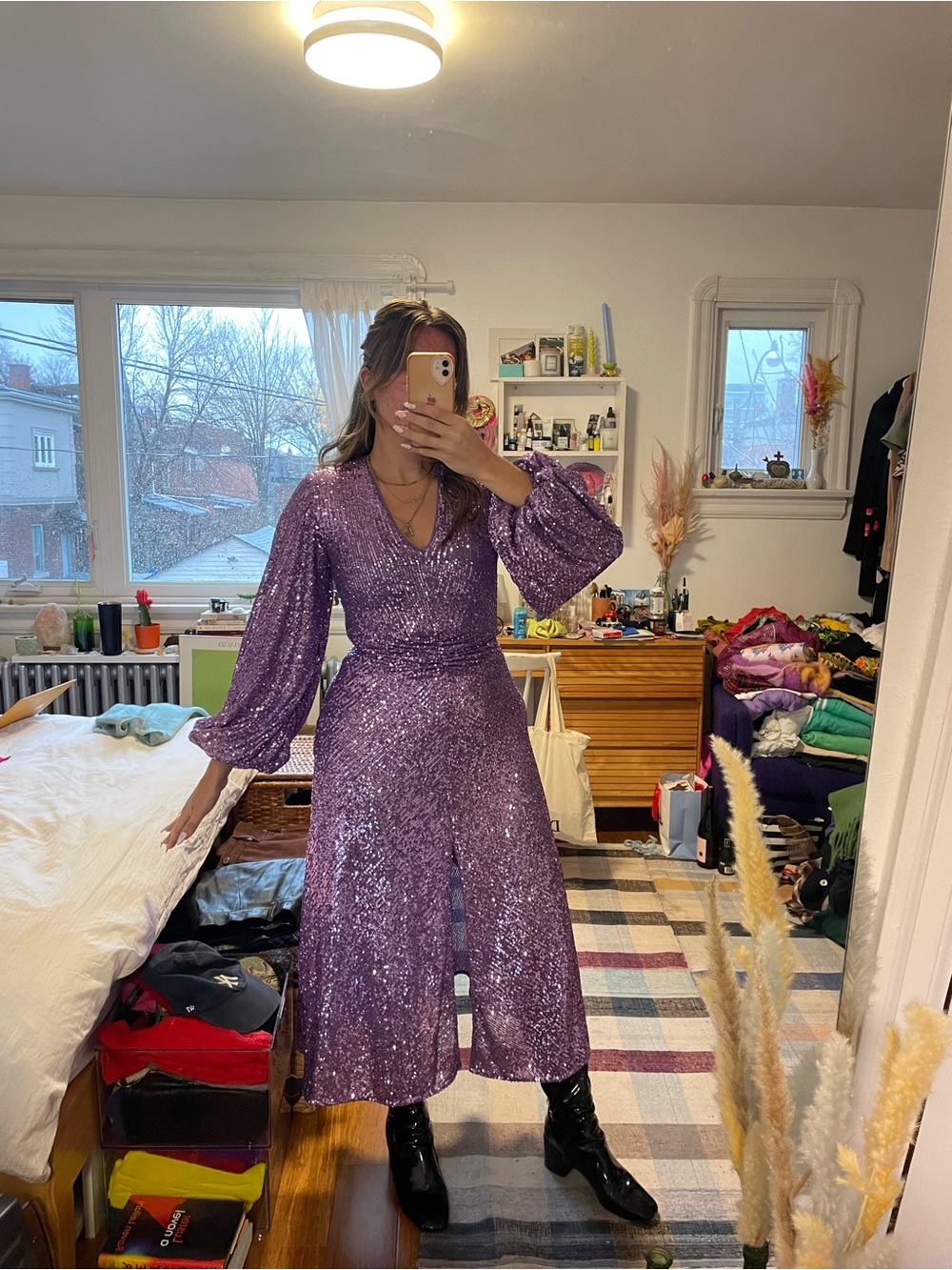 Lavender Sequin V-Neck Midi Dress with Bishop Sleeves